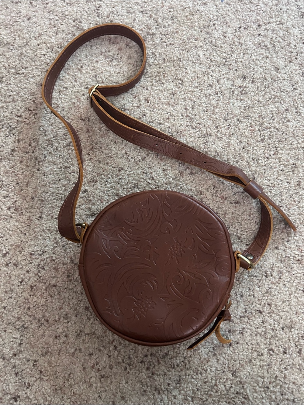 Portland Leather Brown Embossed Round Crossbody Bag